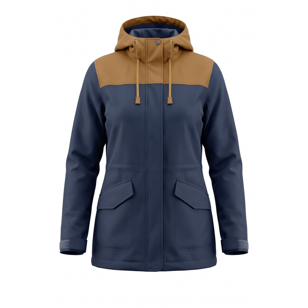 Stoic Womens Navy Blue Mustard Yellow Colorblock Hooded Rain Jacket XS